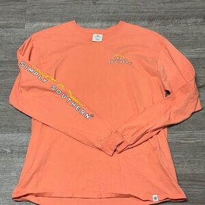 Simply Southern Women's Long Sleeve Tee in Coral Orange with Sleeve Logo